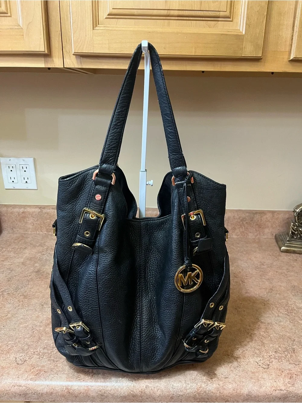 Michael Kors Black Pebbled Leather Shoulder Bag with Gold Hardware